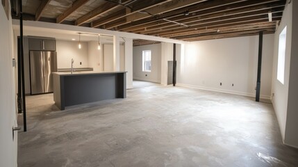 A before-and-after image showing the transformation of an unfinished basement into a modern living space.