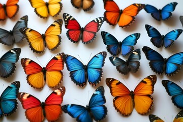 Colorful butterflies showing their open wings on white background