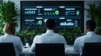A boardroom meeting focused on sustainable business strategies, diverse executives engaged in discussion with holographic displays showcasing carbon-neutral goals, data analytics on energy