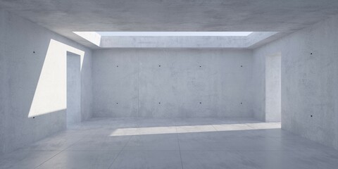 Obraz premium Abstract empty, modern concrete room doors left and right, open ceiling and tiled floor - industrial interior background template