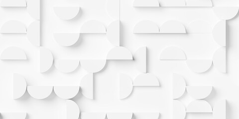 Grid of randomly rotated white cylinder halfes geometry background wallpaper banner, flat lay top view