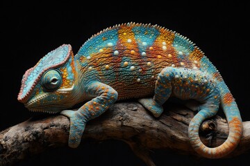 Obraz premium Colorful chameleon resting on a branch, exhibiting vibrant scales