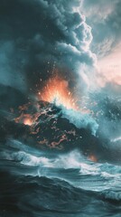A fiery explosion is in the middle of a stormy ocean. The sky is dark and cloudy, and the water is choppy. The scene is intense and dramatic, with the explosion creating a sense of danger and chaos