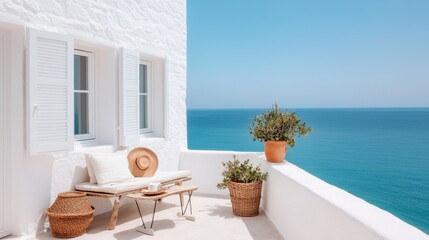 Fototapeta premium Elegant Mediterranean style villa with an expansive balcony offering a breathtaking panoramic view of the tranquil blue sea and horizon The picturesque vacation home exudes a sense of luxury