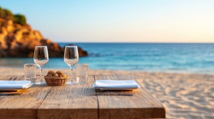 Elegant dining table set on a private tropical beach with breathtaking sunset views over the calm turquoise ocean  A serene and luxurious setting for an intimate alfresco meal or special occasion