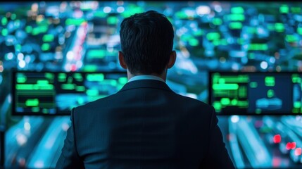 A visionary business professional analyzing a futuristic smart city model with augmented reality elements, showcasing AI-driven traffic solutions, self-sustaining buildings, and eco-friendly