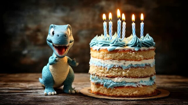 A dinosaur is standing next to a birthday cake with candles. The dinosaur is holding a knife and is about to cut the cake