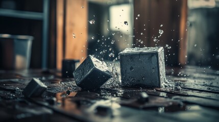 Wet metal cubes colliding, splash, workshop background, advertising