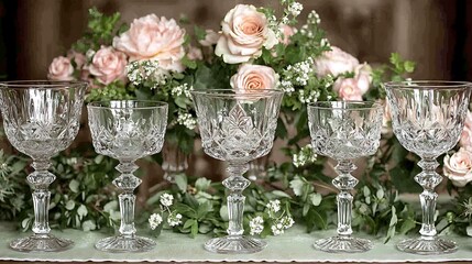 A spring-themed Easter table with a fresh green table runner, floral arrangements, and crystal glassware.