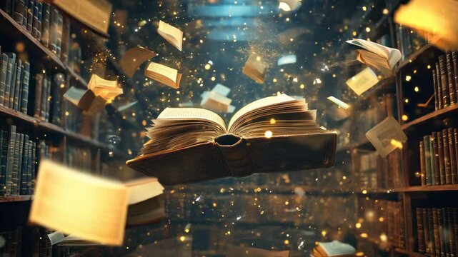 Flying magic books in the library. 