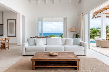 Elegant and modern beachside villa featuring an open plan design that seamlessly integrates the interior living space with the stunning panoramic ocean views
