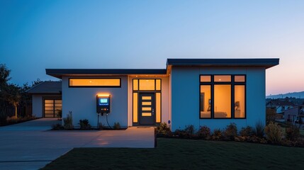 A sleek, modern home with a battery backup system seamlessly integrated into its design, featuring a digital display showing real-time power levels. The setting is illuminated by warm interior