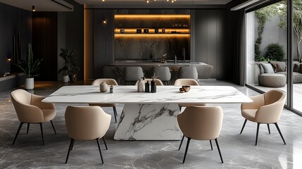 Modern dining room interior home mock up as the centerpiece Smooth marble table contrasting with cozy chairs Neutral tones and soft lighting create a welcoming 3D render
