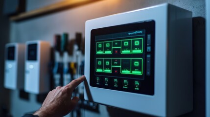 A close-up of a high-tech home battery backup system installed in a garage, with LED indicators glowing green, signaling a full charge. The perspective captures a homeowner s hand checking the