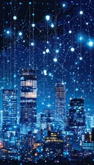 Obraz premium Dynamic Urban Landscape at Night with Network of Luminous Connection Points in Bright, Clean Style