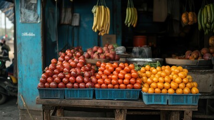 Vibrant Asian market stall displays tomatoes, oranges, background street scene