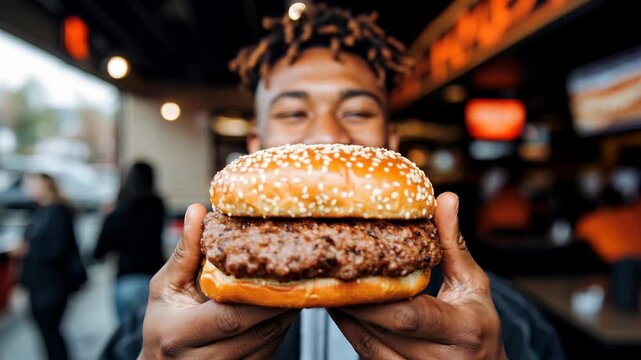 A man is holding a large burger in his hands. The burger is covered in sesame seeds and he is very delicious. The man is smiling and seems to be enjoying his meal