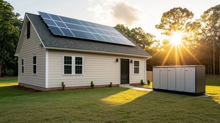 A wide-angle shot of a solar-powered battery backup system in a contemporary home, showing solar panels on the roof and a sleek energy storage unit installed beside the house. The golden hour
