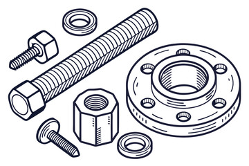 Metal machine parts, mechanical components, industrial hardware, stainless steel, bolts, nuts, screws, fittings, precision engineering, automotive parts, aerospace components, high-resolution detail, 