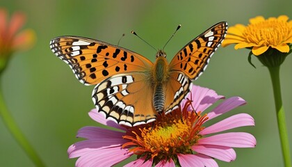 Close-up of the Vibrant Issoria Lathonia Butterfly Pollinating a Colorful Zinnia Flower in Summer Garden