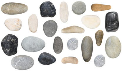 Obraz na płótnie Canvas Set of Various sea pebble stones isolated on a transparent background.