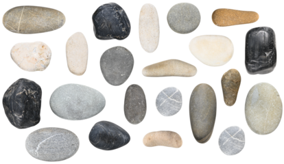 Set of Various sea pebble stones isolated on a transparent background.