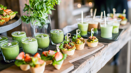 Wooden table displaying colorful green vegan snacks and smoothies during catered event, offering fresh, appetizing light menu for health conscious attendees