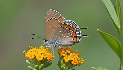 Close-up of Female Brown Hairstreak Butterfly Feeding on Goldenrod in a Summer Garden
