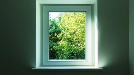 Fototapeta premium A bright basement window, showcasing a peaceful view of the outdoors, bringing light into an otherwise dark space.