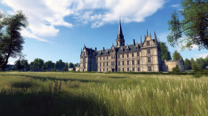 Obraz premium Majestic castle stands proudly in the middle of a field of tall grass, its gothic architecture reaching towards the sky on a bright, sunny day