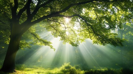 Obraz premium Sunlight filtering through verdant forest canopy, casting golden rays and creating ethereal woodland ambiance with soft green shadows and tranquil natural light