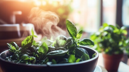 Steaming bowl of nourishing bone broth with fresh herbs and vegetables, healthy and comforting meal concept, perfect for wellness, detox, and culinary themes.