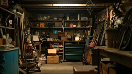 Obraz premium A cluttered basement storage space filled with seasonal items, tools, and old furniture, waiting to be sorted.