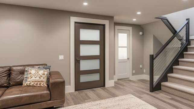 A modern basement door with frosted glass panels, providing an entrance to a fully finished basement.