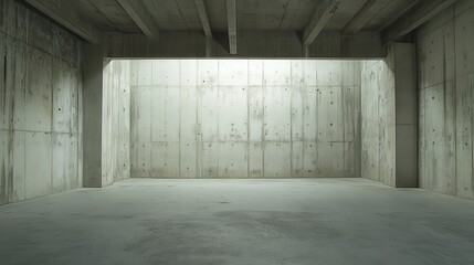 Concrete walls illuminating with dramatic light beams, casting sharp geometric shadows across minimalist industrial interior with moody atmosphere