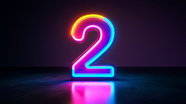 Glowing Neon Number Two in Bright Vibrant Colors with Reflective Surface and Dark Background - Powered by Adobe