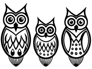 three stylized owls a simple black and white line drawing isolated on white