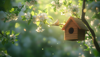 white toy house and cherry flowers, spring abstract natural background. concept of mortgage, construction, rental, family and property. eco-home. spring season. copy space