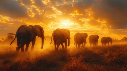 Fototapeta premium African Elephants Silhouette at Golden Sunset