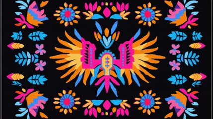 Vibrant Colorful Bird Embroidery Pattern on Black