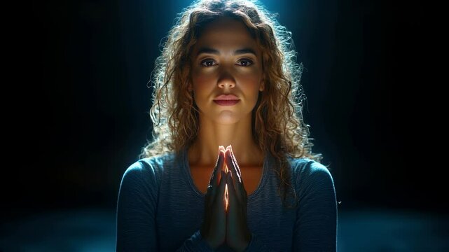 A woman is praying in a dark room. She is smiling and her hands are clasped together