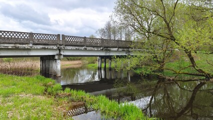 Fototapeta premium Willows grow on the grassy banks. A concrete automobile bridge with a fence crosses the river. There are reeds, reflections and a fast current in the water. Cloudy spring weather and gray sky