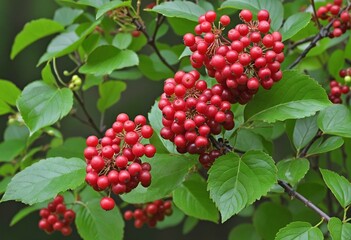 Juicy Red Berries of Viburnum opulus in Autumn Garden