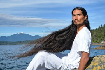 Serene Man with Long Hair in Tranquil Nature near Mountainous Lake