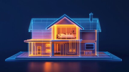 A 3D-rendered artistic representation of electricity flowing through a modern house, depicted as glowing blue and orange circuit lines integrated within the walls and floors. The home is
