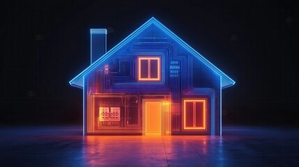 A 3D-rendered artistic representation of electricity flowing through a modern house, depicted as glowing blue and orange circuit lines integrated within the walls and floors. The home is