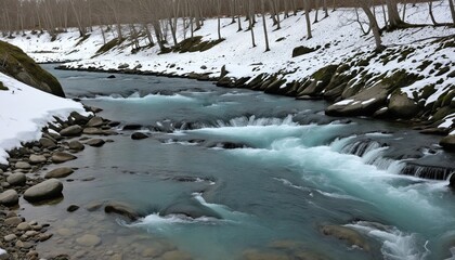 Obraz premium Tranquil Stream Flowing Through Melting Snow in Early Spring