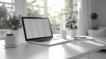 Fototapeta premium Photo of a clean white desk with a laptop displaying content, surrounded by plants, creating a serene and organized workspace.