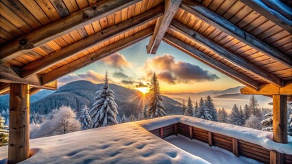 Fototapeta premium Snowy Cabin Roof at Winter Dawn, wooden beams, serene surroundings