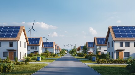 A futuristic neighborhood concept showcasing multiple grid-independent homes, each equipped with solar panels and wind turbines, a central community energy storage system subtly visible, vibrant
